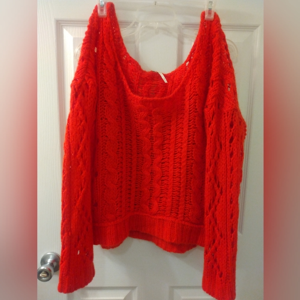 Red Free People crochet knit oversized sweater